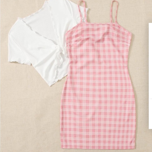 NWOT SHEIN MOD Plus Plaid Cami Dress & Knotted Front Lettuce Trim Top Sz 20/4XL - Picture 3 of 4